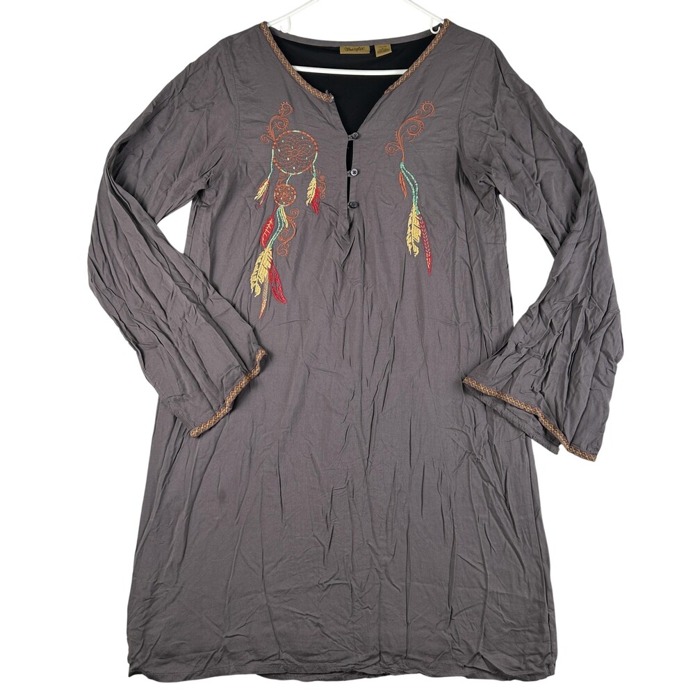 Wrangler Dress Womens Large Gray Embroidered Boho Shift Lined Long Sleeve